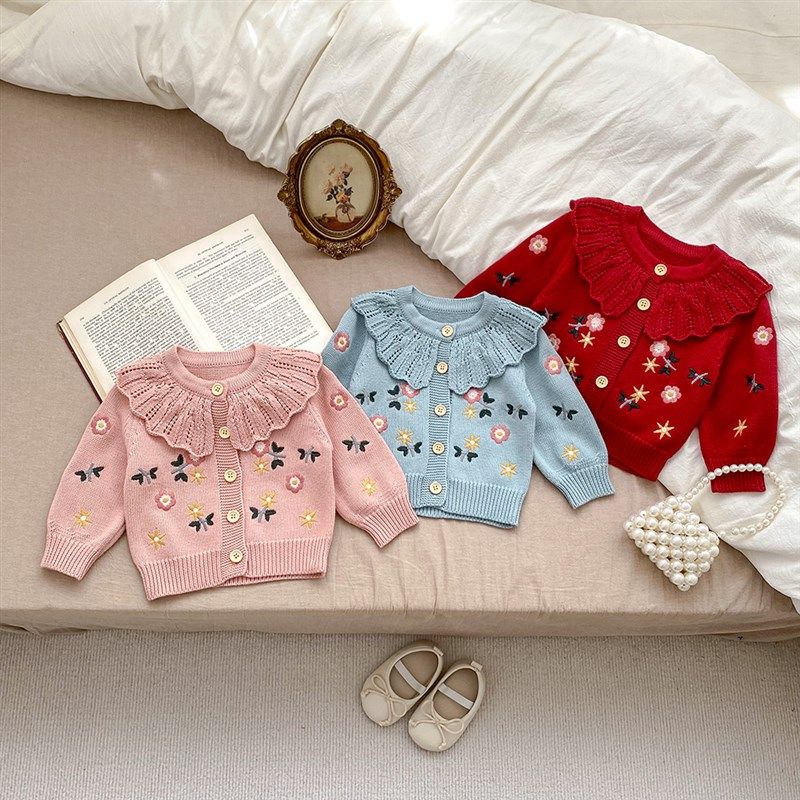 婴儿外套女宝宝纯棉毛衣针织衫女童秋冬装绣花花边领棉线开衫秋装,童装/婴儿装/亲子装,毛衣/针织衫,淘宝优惠券,粉丝福利购,淘宝优惠卷