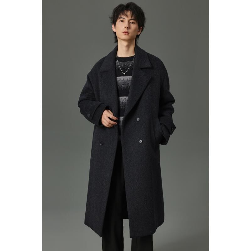 w2x冬季平驳领双排扣加棉加厚羊毛呢大衣男中长款妮子风衣外套潮