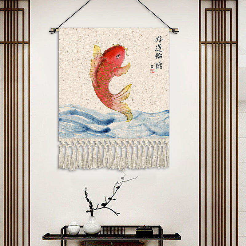 新中式民宿挂画布艺玄关背景墙装饰画年年有余挂毯画好运挂布定制图片