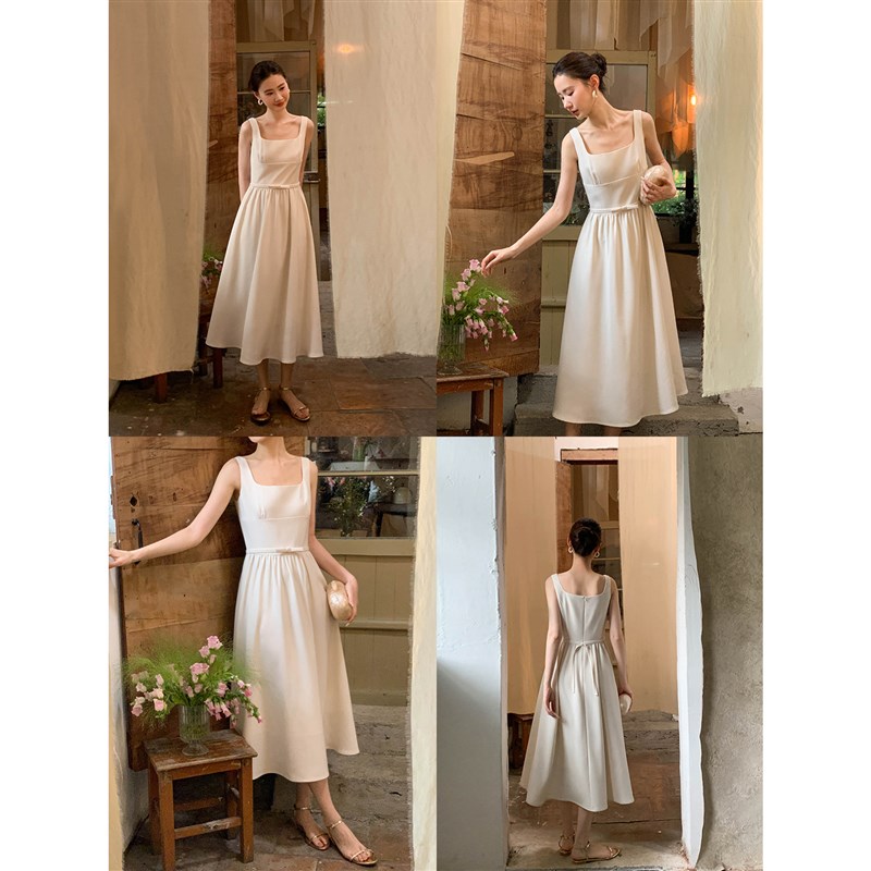 XXNING 法式蝴蝶结腰带吊带裙女收腰显瘦高级感背心裙肌理感长裙