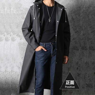 男女时尚潮黑色长款风衣式雨衣外套全身防暴雨连帽紧袖口防水雨披