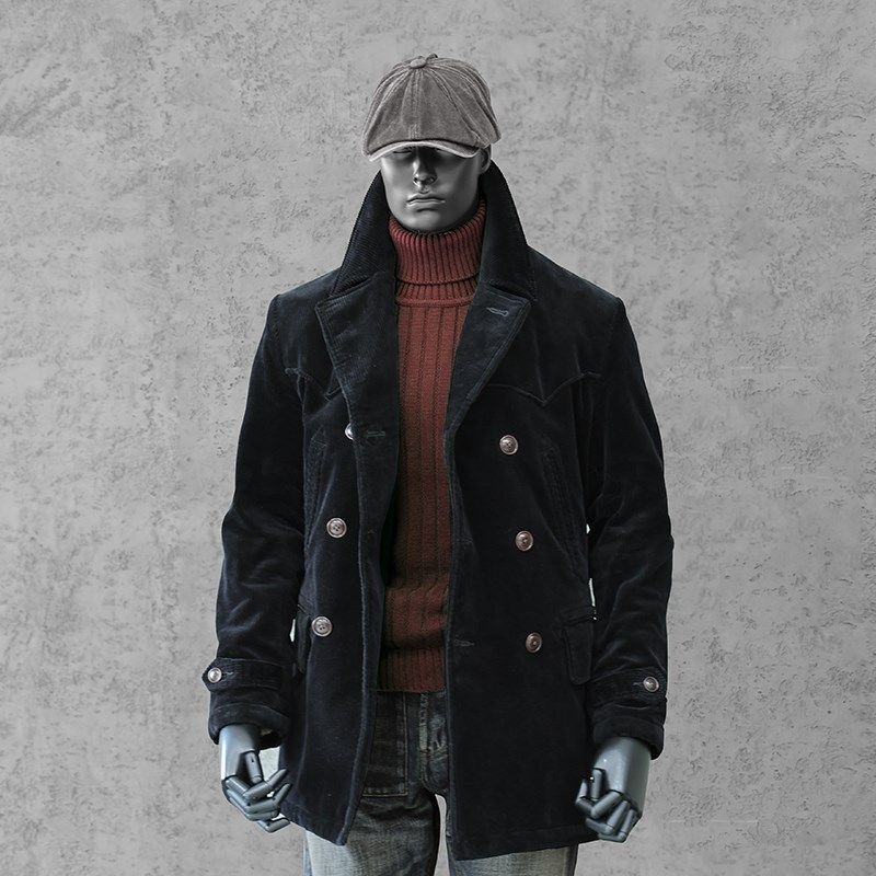 西里布黑色灯芯绒双排扣西服大衣男款复古重磅中长款冬季条绒外套