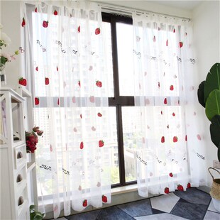 窗帘小清新红色小草莓刺绣卧室可爱风韩式 田园窗纱少女清新飘窗