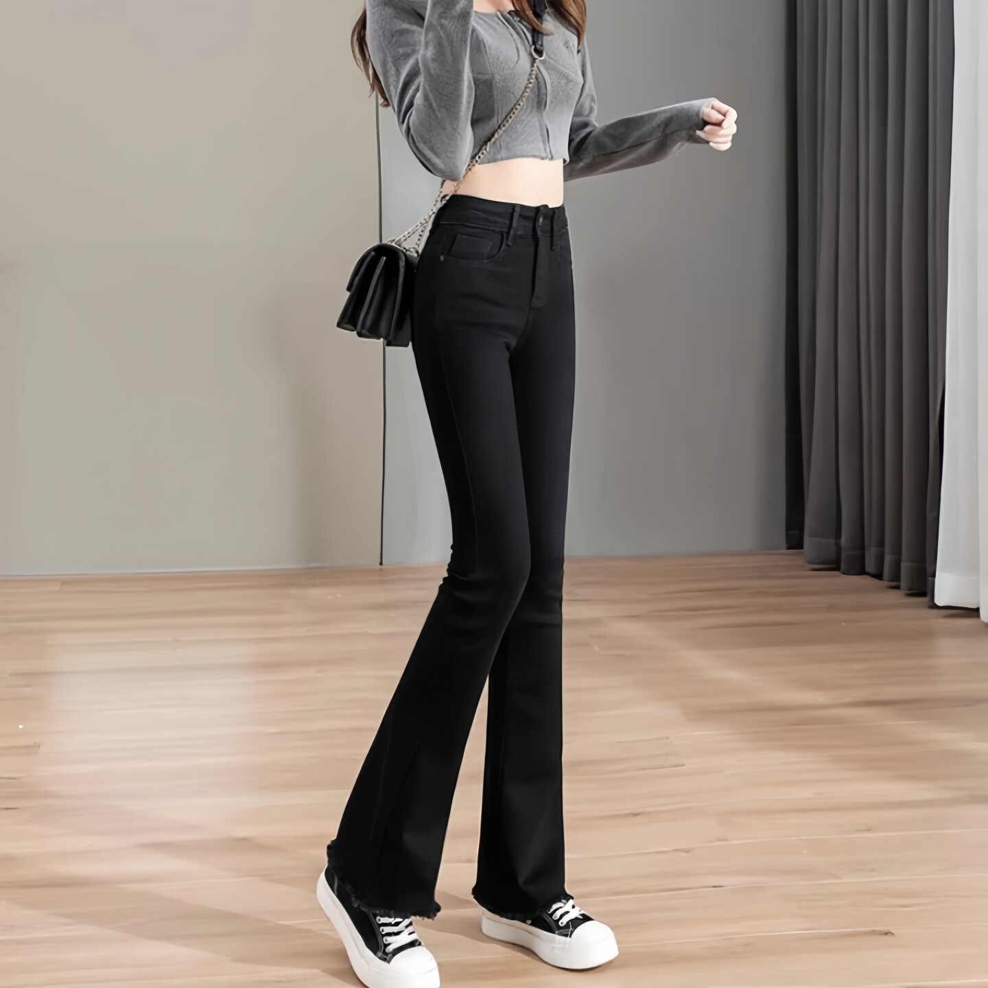冬季加绒微喇叭牛仔裤女秋黑色毛边高腰春秋小个子七八九分喇叭裤