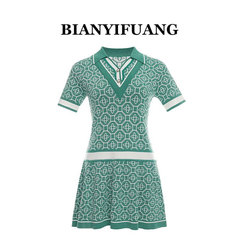 BIANYIFUANG26春夏季珍珠扣假V领polo衫亮丝绿韵连衣裙 暂无评分