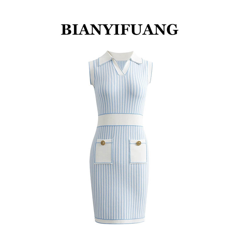 BIANYIFUANG26新款学院风温柔蓝白条纹无袖polo领无袖背心连衣裙