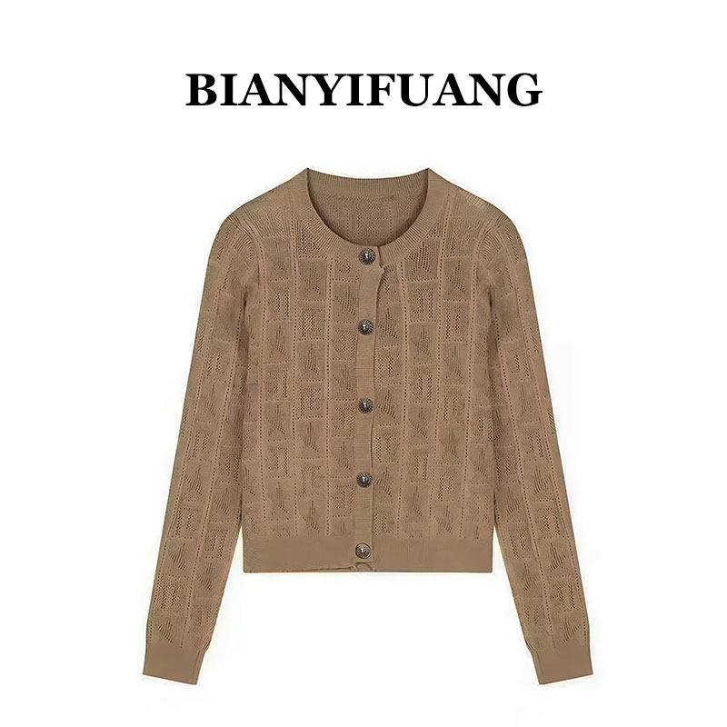BIANYIFUANG小香风金属扣镂空针织开衫女2026新款早秋修身外套