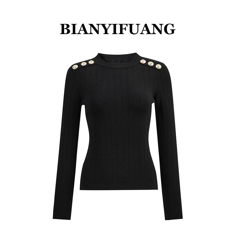 BIANYIFUANG2026年新款名媛半高领毛衣金扣设计修身针织打底衫女