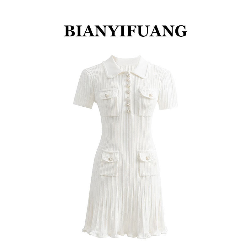 BIANYIFUANG春夏新款经典白色小香针织连衣裙气质镶钻螺纹a字短裙