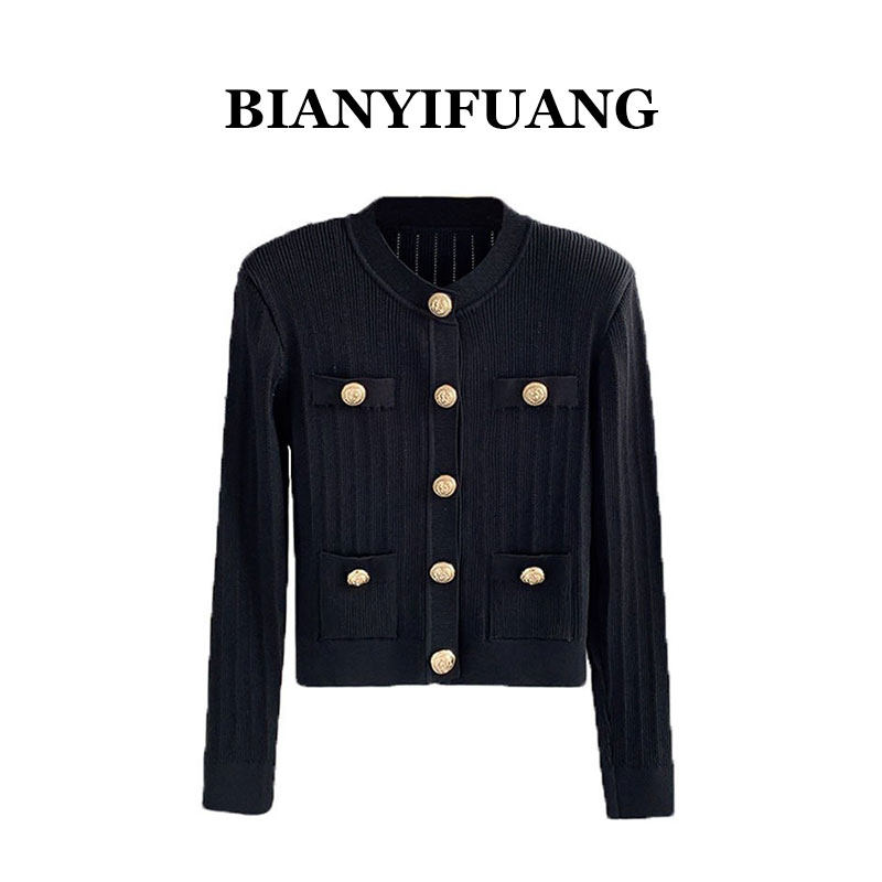 BIANYIFUANG小香风金属扣上衣修身双口袋设计感针织开衫黑色外套