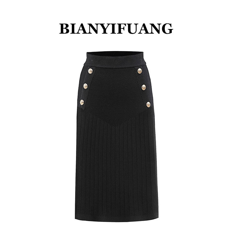 BIANYIFUANG秋冬高级感小香风金扣针织打底中长裙高腰包臀半身裙