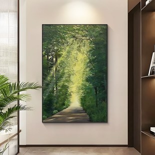 绿水青山玄关装饰画大芬村手绘油画走廊过道挂画竖版客厅风景壁画