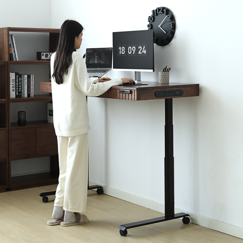 实木电动升降桌电脑樱桃木黑胡桃木书桌电竞移动办公智能工作台