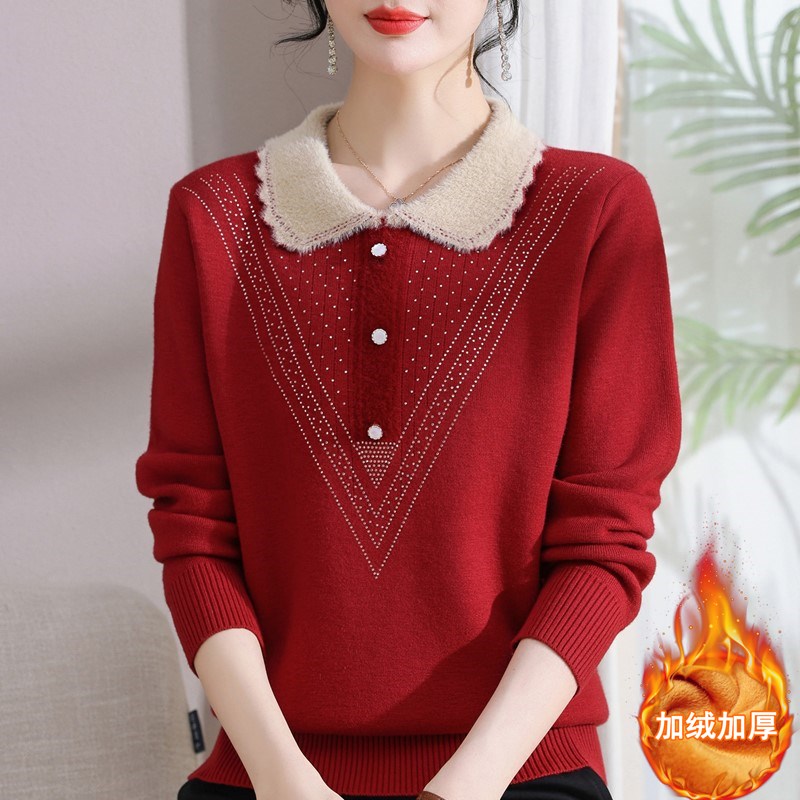 妈妈装翻领毛衣秋冬一体绒针织打底衫中老年女加绒加厚保暖上衣服