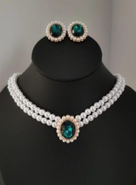 法式复古优雅气质双层珍珠项链祖母绿吊坠锁骨链