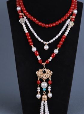 国潮正红背云长璎珞古风汉服项链长款流苏复古珍珠颈饰汉服配饰女