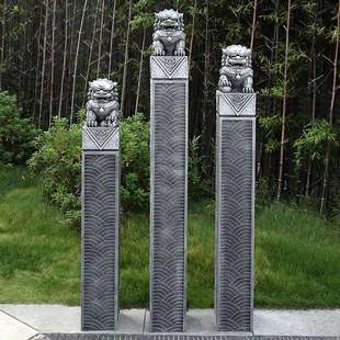 擺件庭院園林戶外花園造景拴馬樁仿石獅子麒麟貔貅一對栓馬柱 中式