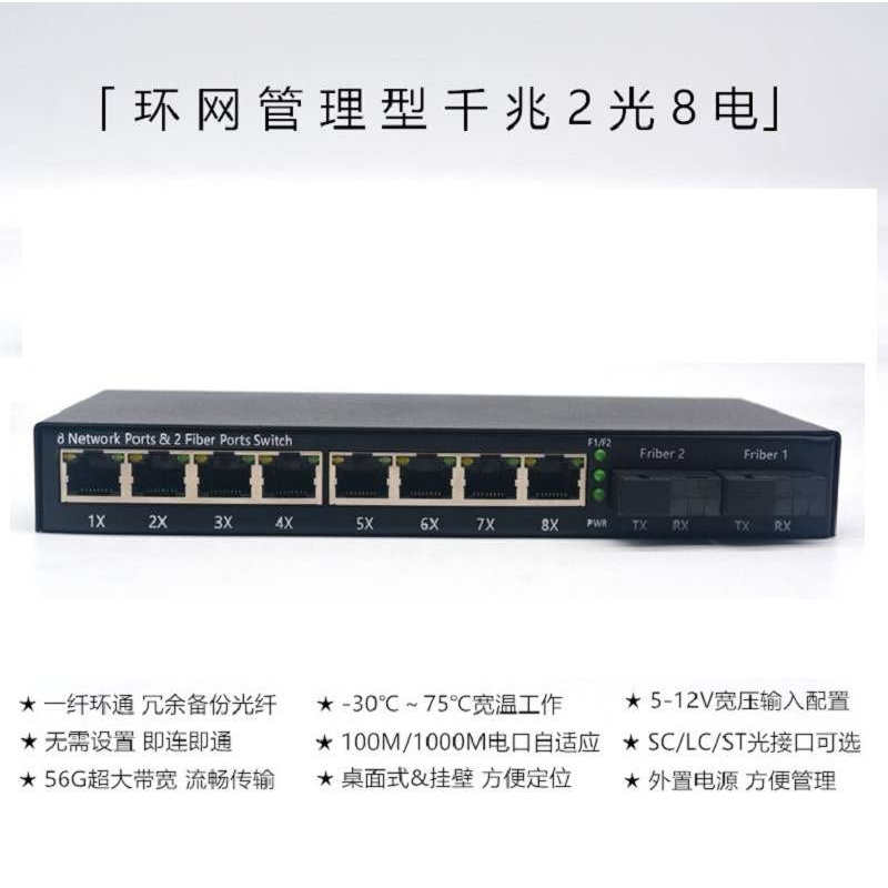 千兆环网型交换机2光4电2光口8网口一纤通一纤环通SC单纤SFP