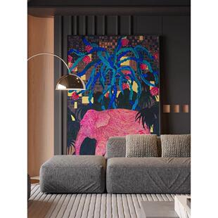 吉象如意粉色大象客厅装饰画现代中古风寓意好儿童房玄关艺术挂画