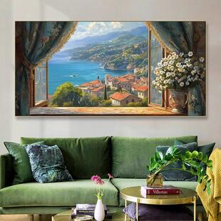 客厅沙发背景墙假窗户装饰画横板法式古中风高级感挂画油画风壁画