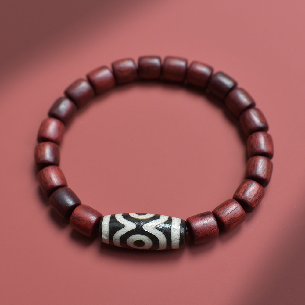 Natural Green Sandalwood Nine-Eyed Dzi Bead Circle Bracelet for Women's Zodiac Year Rosewood Wooden Buddha Beads Cultural Toy Bracelet