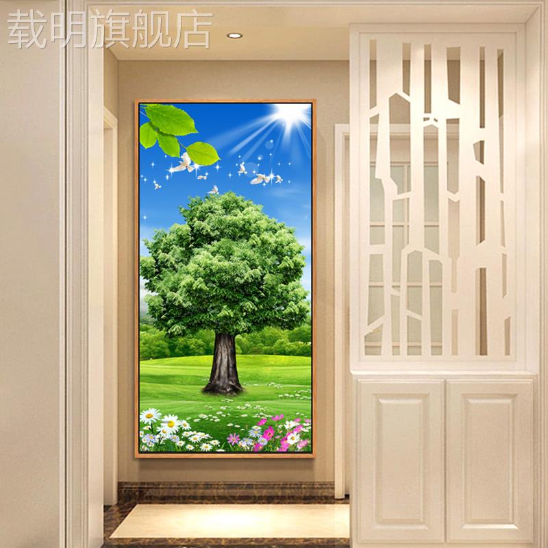 现代简约入户走廊过道玄关装饰画 画竖版单幅挂画 画绿色大树墙壁图片