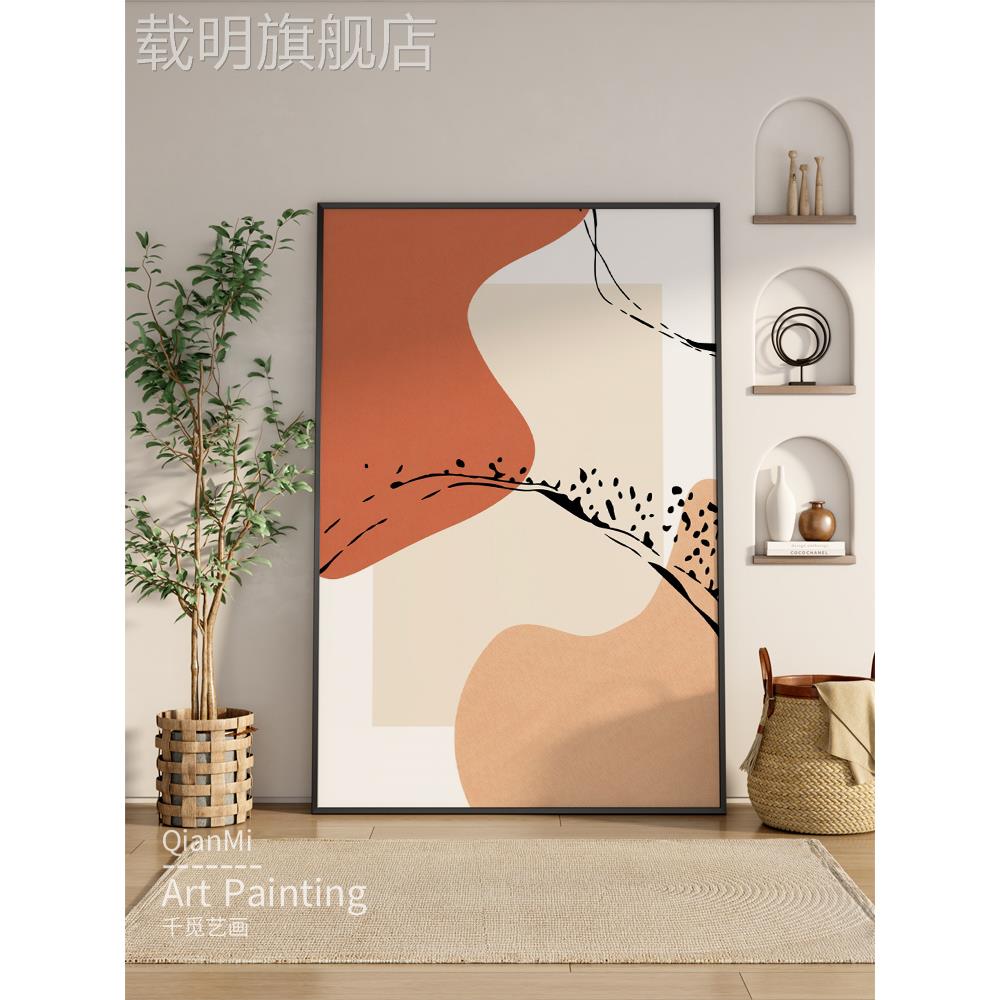 奶油风格客厅装饰画现代无障碍豪华沙发背景挂画简单抽象线条入口图片