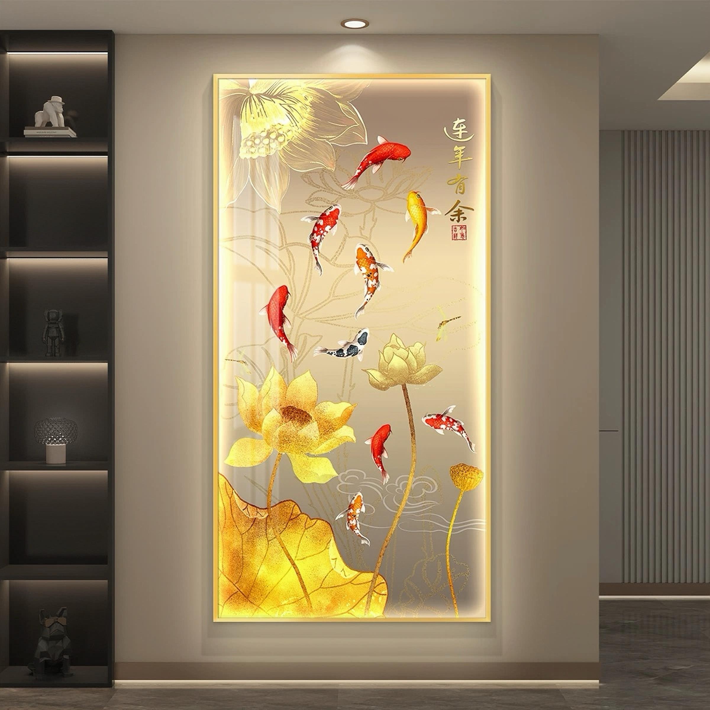 带灯荷花九鱼图入户玄关装饰画客厅走廊过道竖版挂画聚财玄关挂画