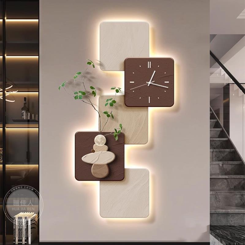 时来运转玄关装饰画挂钟轻奢高级感走廊尽头发光壁画客厅挂画钟表