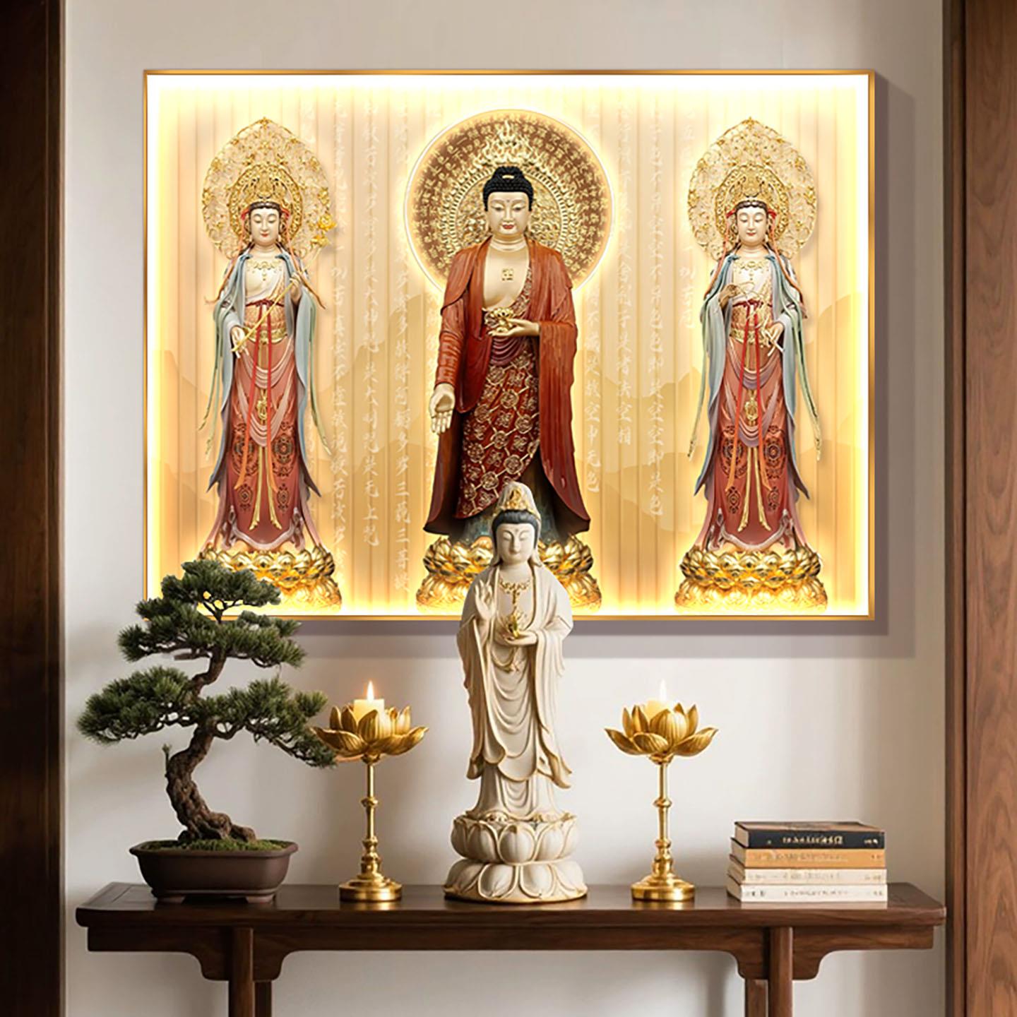 单幅西方三圣画像挂画横版家用供奉装饰画佛堂背景墙高清带灯壁画