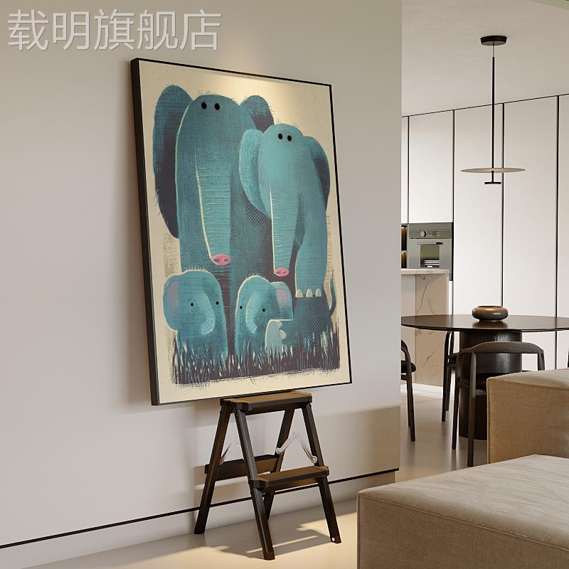 现代简约大象一家温馨治愈挂画蓝色卡通动物儿童房玄关客厅装饰画图片