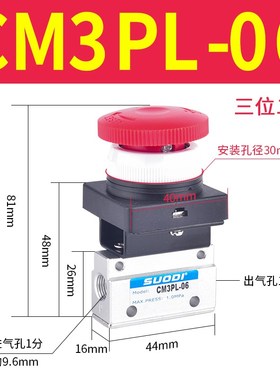 CM3系列气动机械阀PF/PP/PL/PM-06 手动按钮开关气三位二口