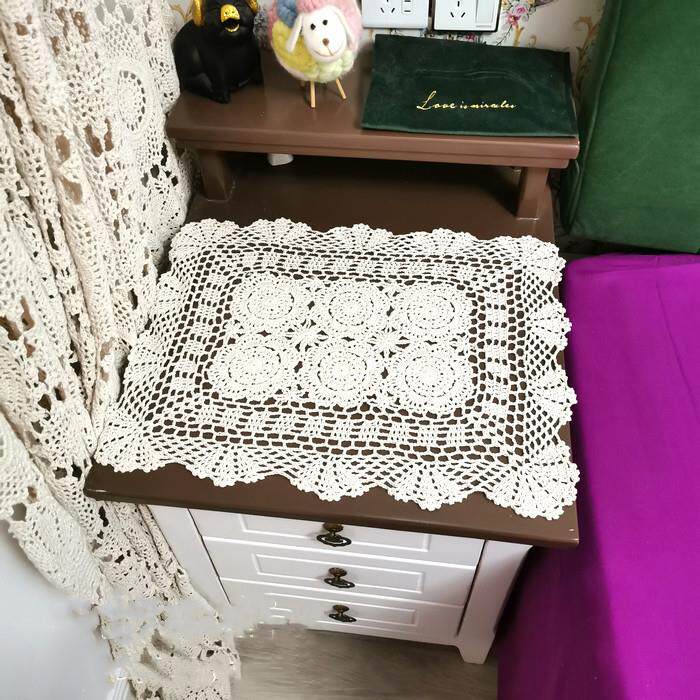 中式手工钩花床头柜盖布美式纯棉蕾丝桌布复古镂空编织沙发扶手巾