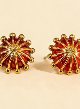 【蒲公英】复古红绿珐琅通体925银厚镀18K金耳饰原创设计14g新年