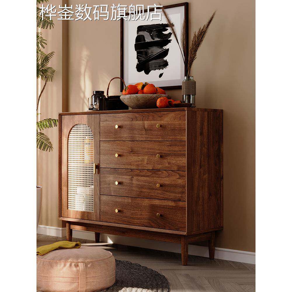 桦崟覆古藤条抽屉柜实木腿客厅侧柜储物柜墙抽屉柜卧室储物柜简单四抽屉柜床笠拉车