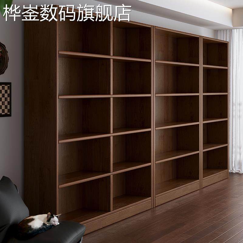 麦比梵全实木一面墙书柜去客厅化满墙书架一体靠墙家用胡桃木色储物柜