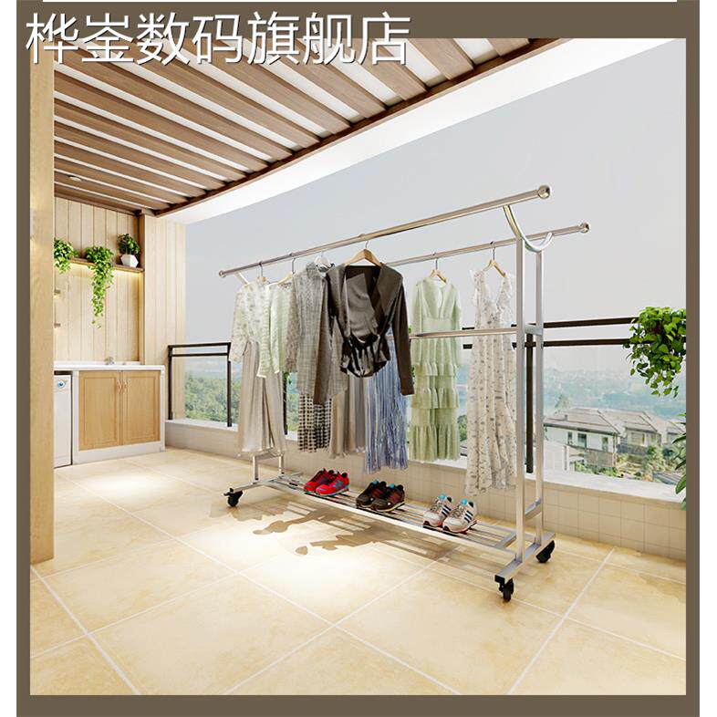 桦崟不锈钢晾衣架双杠防风落地庭院户外阳台加粗加厚可移动折叠晒被架摆件饰品垫垫床笠拉车