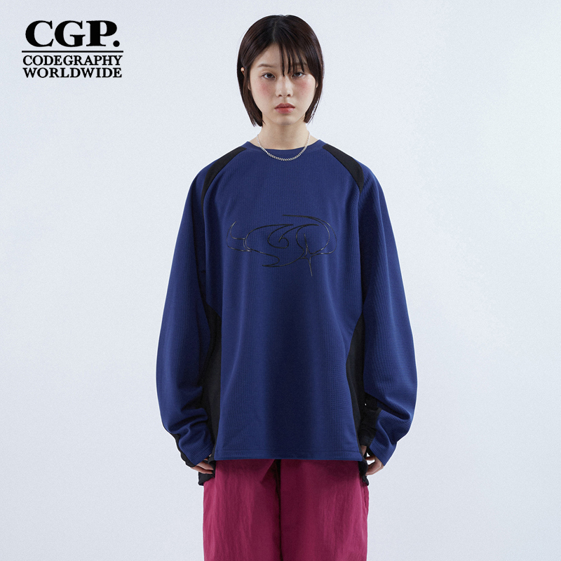 CODEGRAPHY韩国CGP夏季时尚拼接撞色圆领长袖T恤上衣CBDUUTL002
