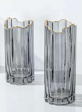 描金不规则欧式玻璃透明客厅插花富贵竹干花简约花瓶摆件手工