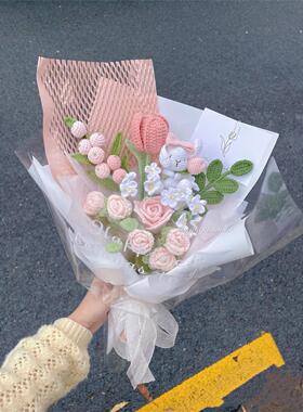 手工diy编织垂耳兔玫瑰风