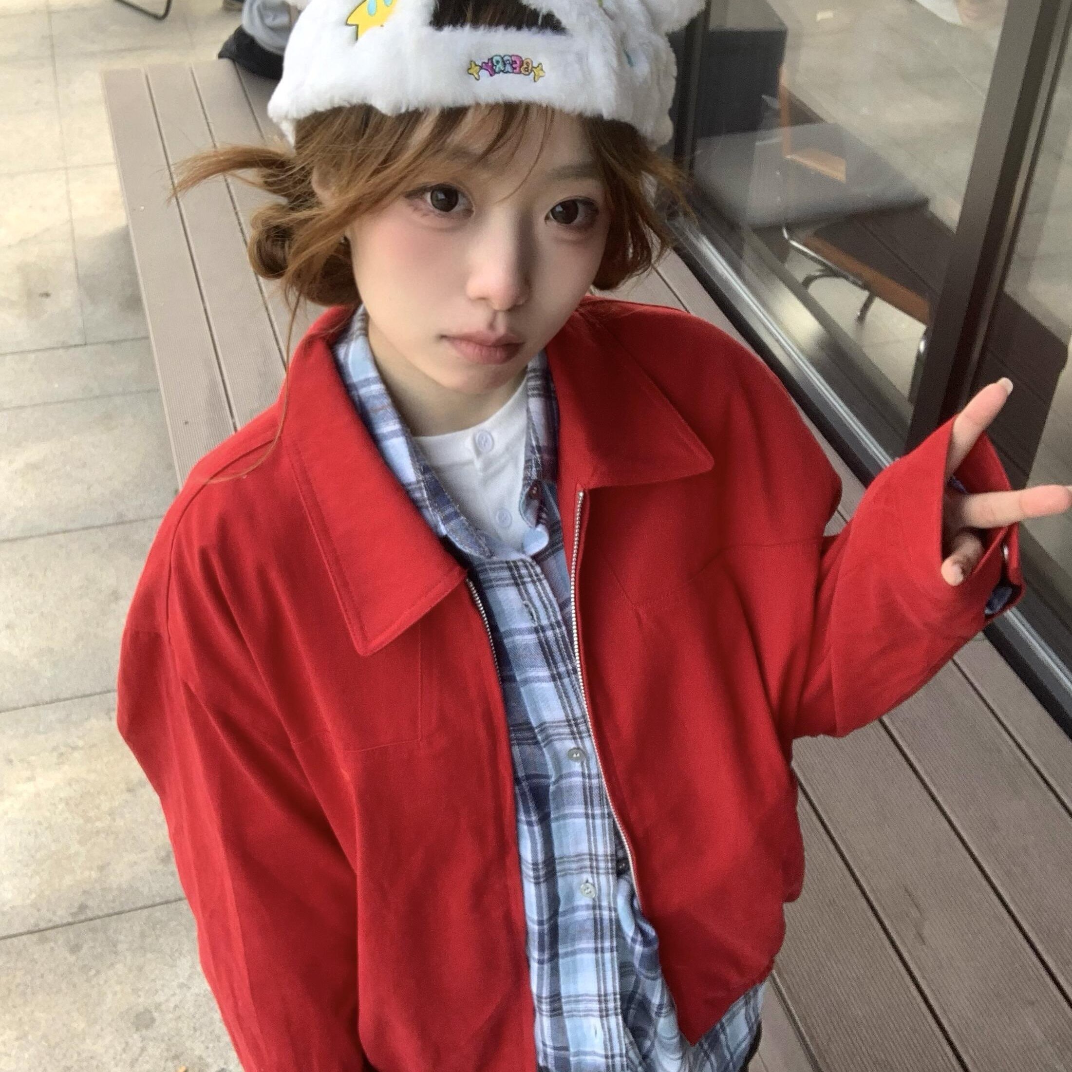 国潮早秋红色外套女2025新款立领夹克拉链开衫宽松美式休闲男女款