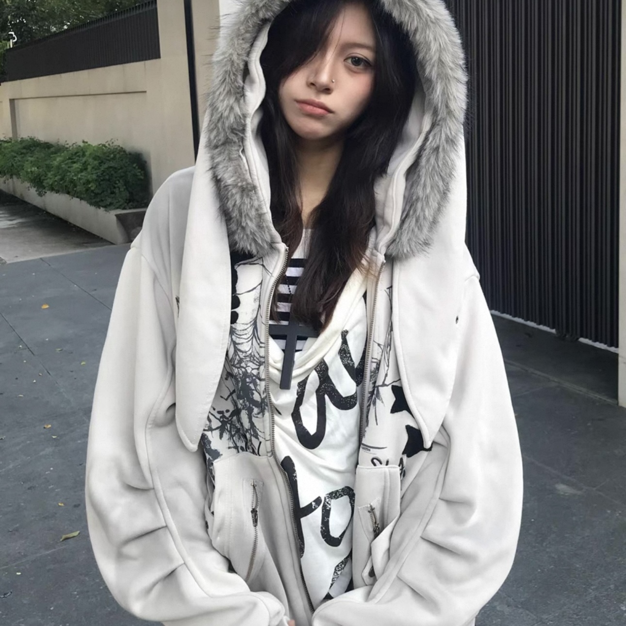 【无忧试穿】毛领兔耳朵卫衣外套