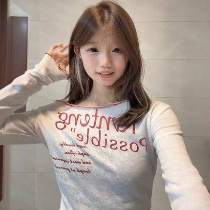 美式复古字母印花长袖t恤女2025新款春秋设计感小众修身显瘦上衣