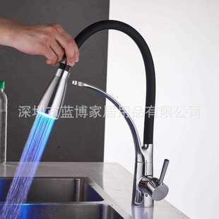 新款 直销LED美式 黄铜抽拉冷热水龙头 厨房水槽菜盆混水万向龙头