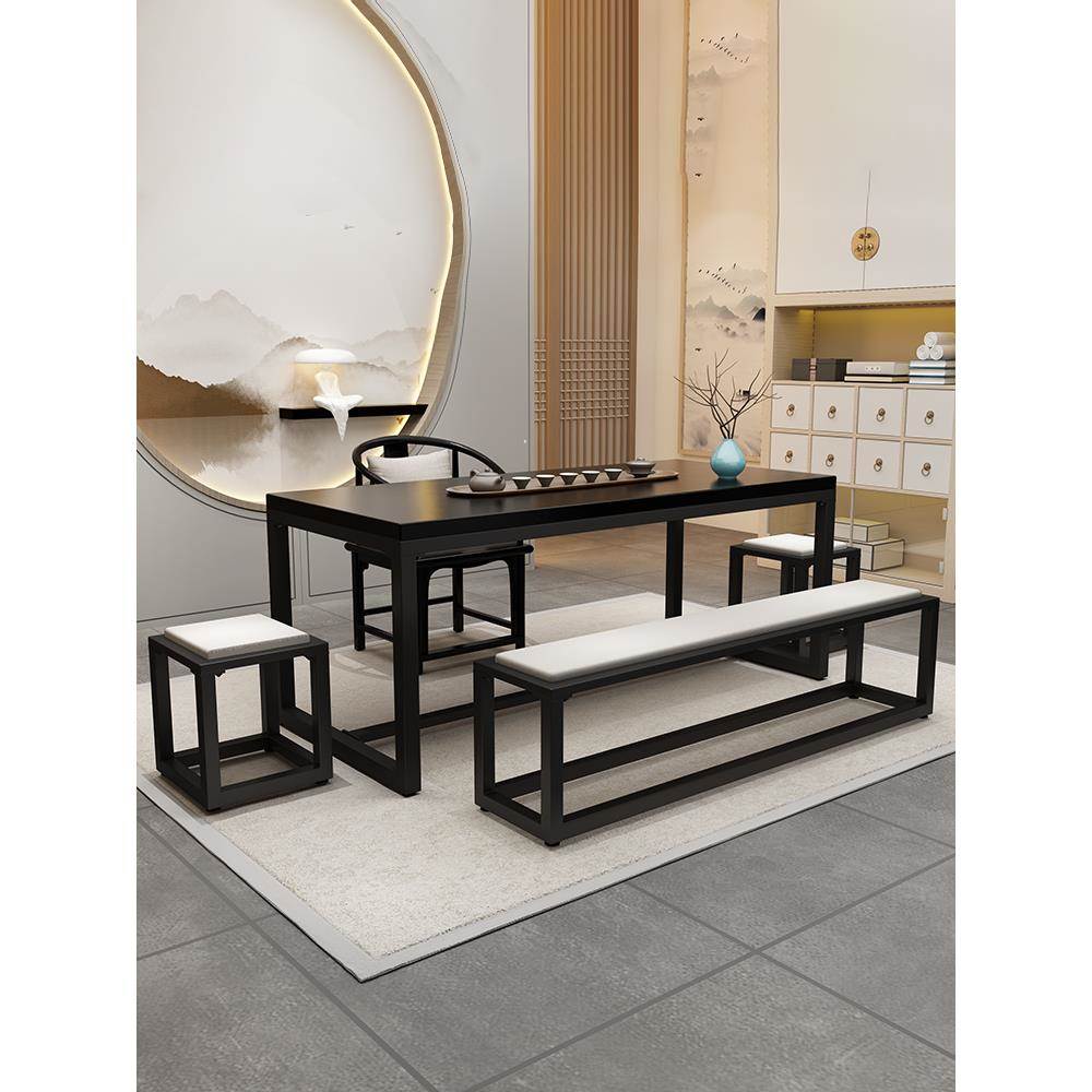 家用实木茶几中世纪风格黑色矩形茶室客厅设计铁原木茶几