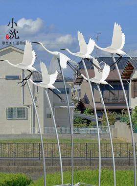 不锈钢大雁雕塑花园庭院酒店门口水池鸟类造景落地白鹭摆件可定制