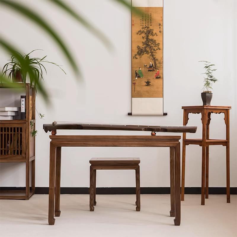 老榆树古琴桌凳共振钢琴桌实木新中国风传统中国书法桌椅黑胡桃禅