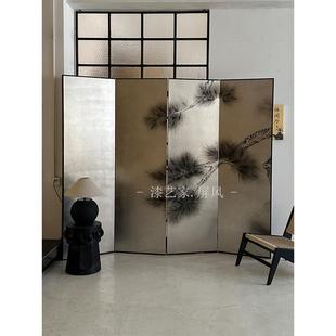 纯手绘松树定制覆古银箔做旧漆画屏风客厅古典茶室办公室移动折屏