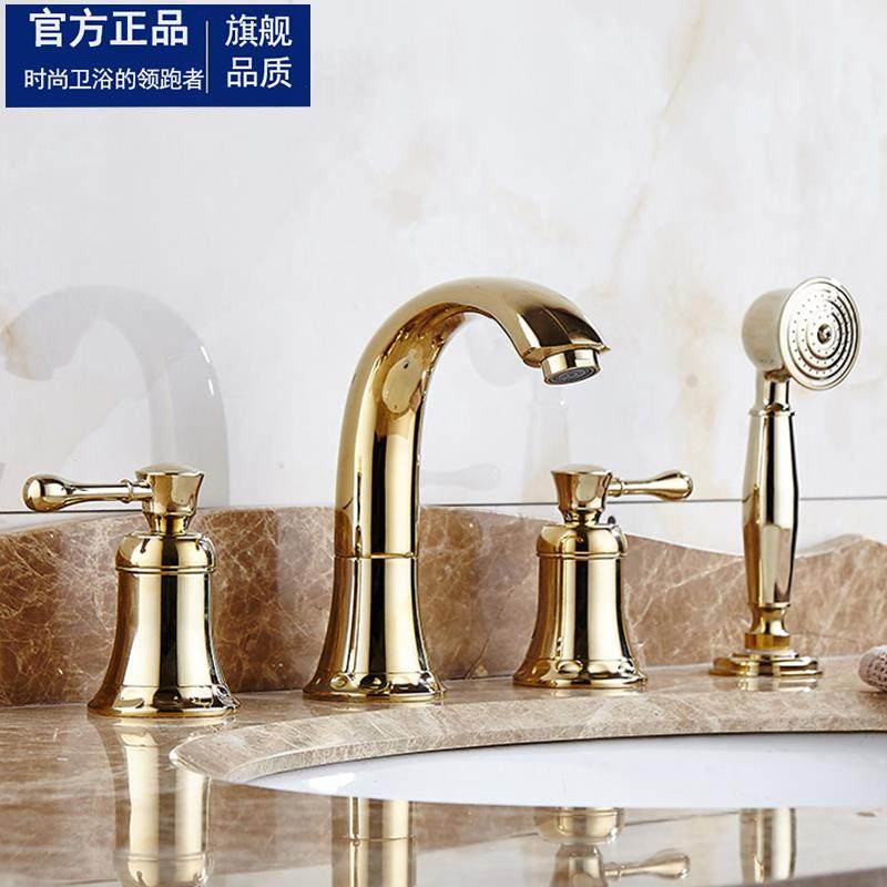 欧式全铜四件套面盆龙头四孔浴室柜分体仿古拉丝水龙头可旋转抽拉