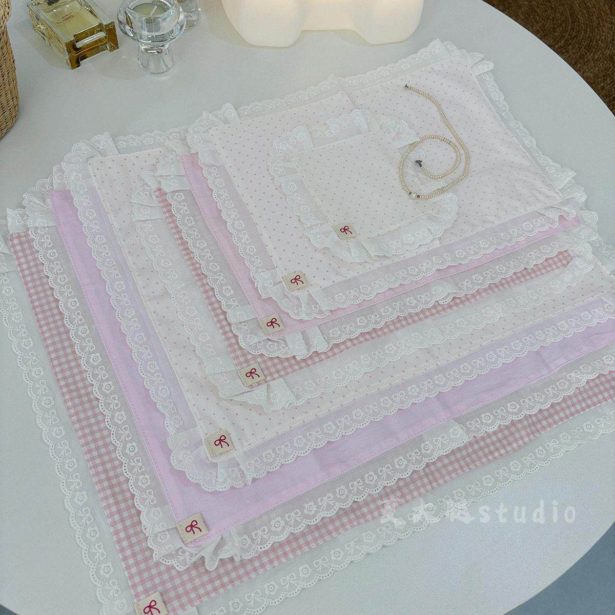 ins风粉色格子波点纯棉花边餐垫隔热茶桌垫餐布拍照美食餐巾杯垫,居家布艺,餐垫,淘宝优惠券,粉丝福利购,淘宝优惠卷